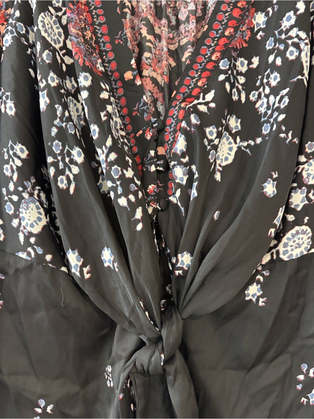 Free People Fall Perfect Black Floral Tie-Front Blouse with Pink & Red Accents - Picture 2 of 5